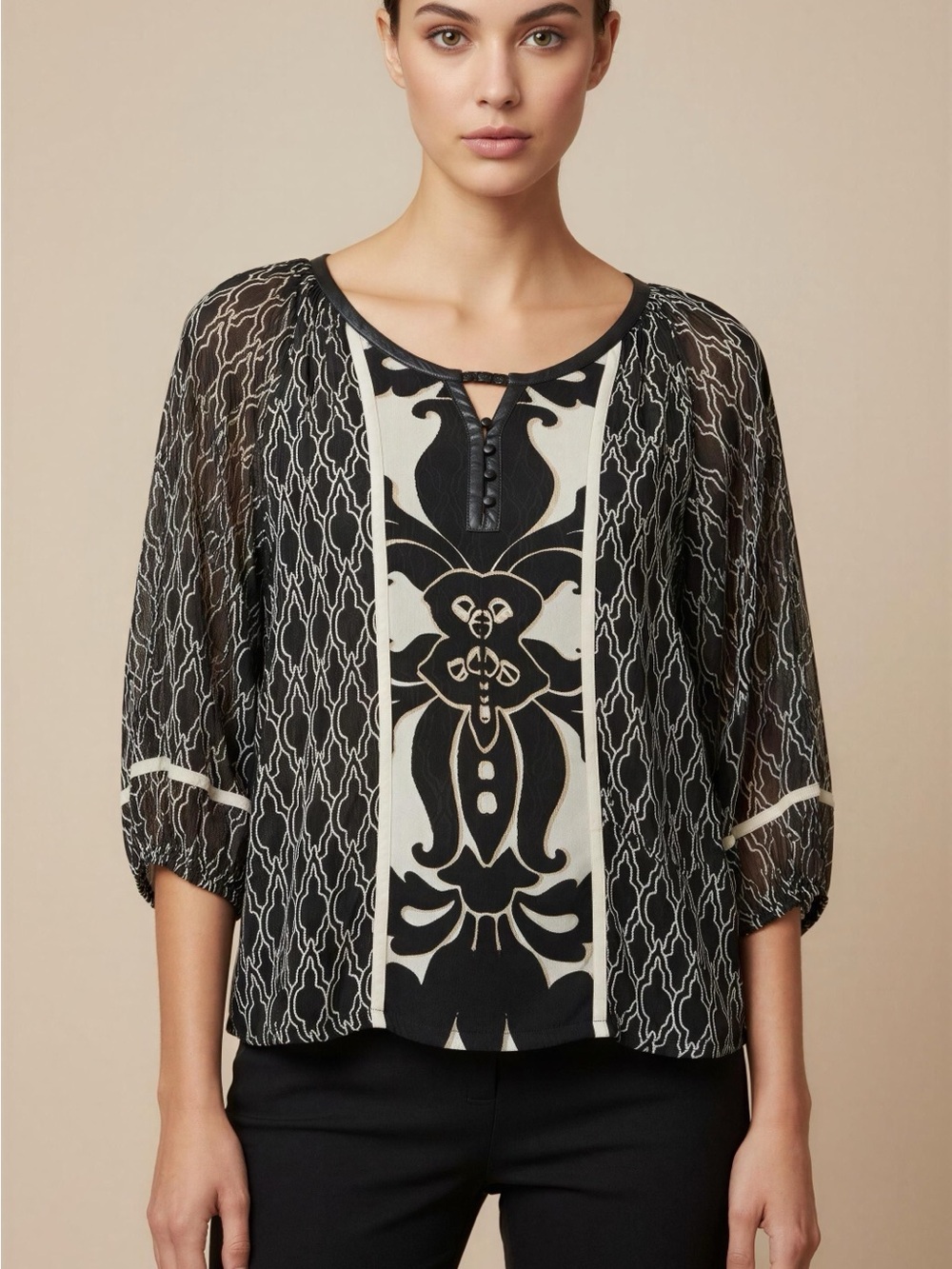 Alfani Black and Cream Printed Sheer-Sleeve Blouse